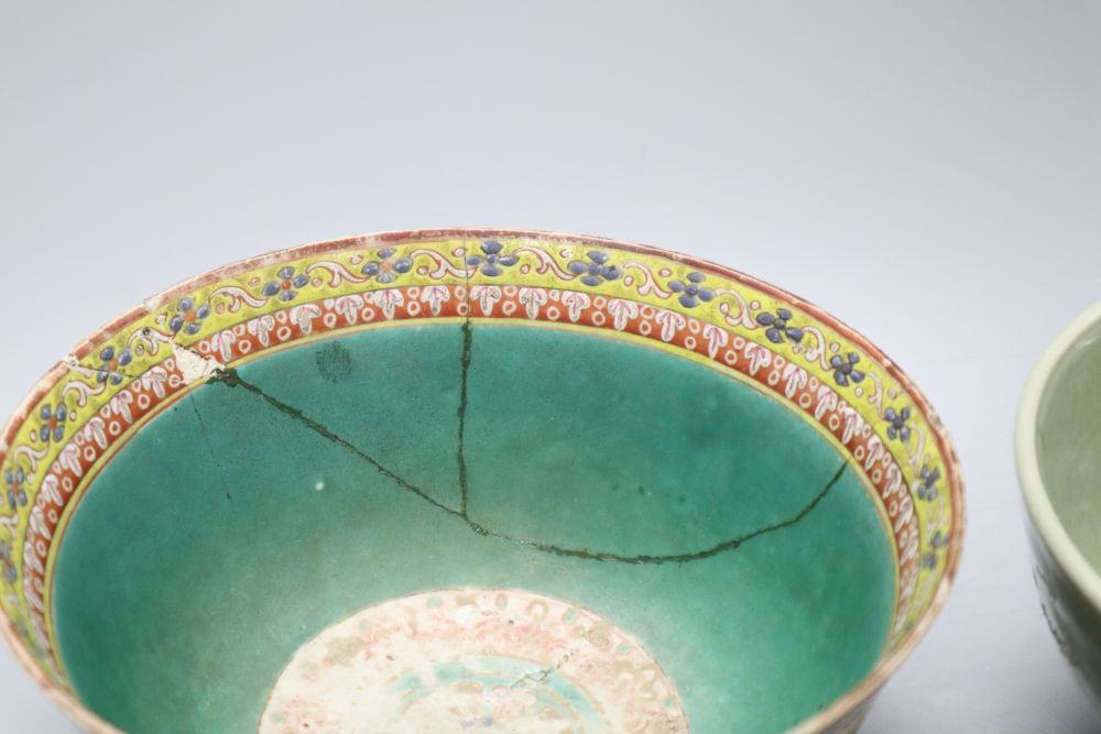 A Chinese celadon bowl, a Thai market famille rose bowl and a crackle glaze bowl